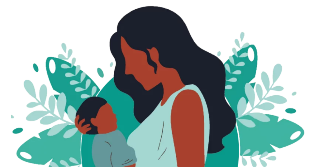 Illustration of a mom holding and looking at her baby.
