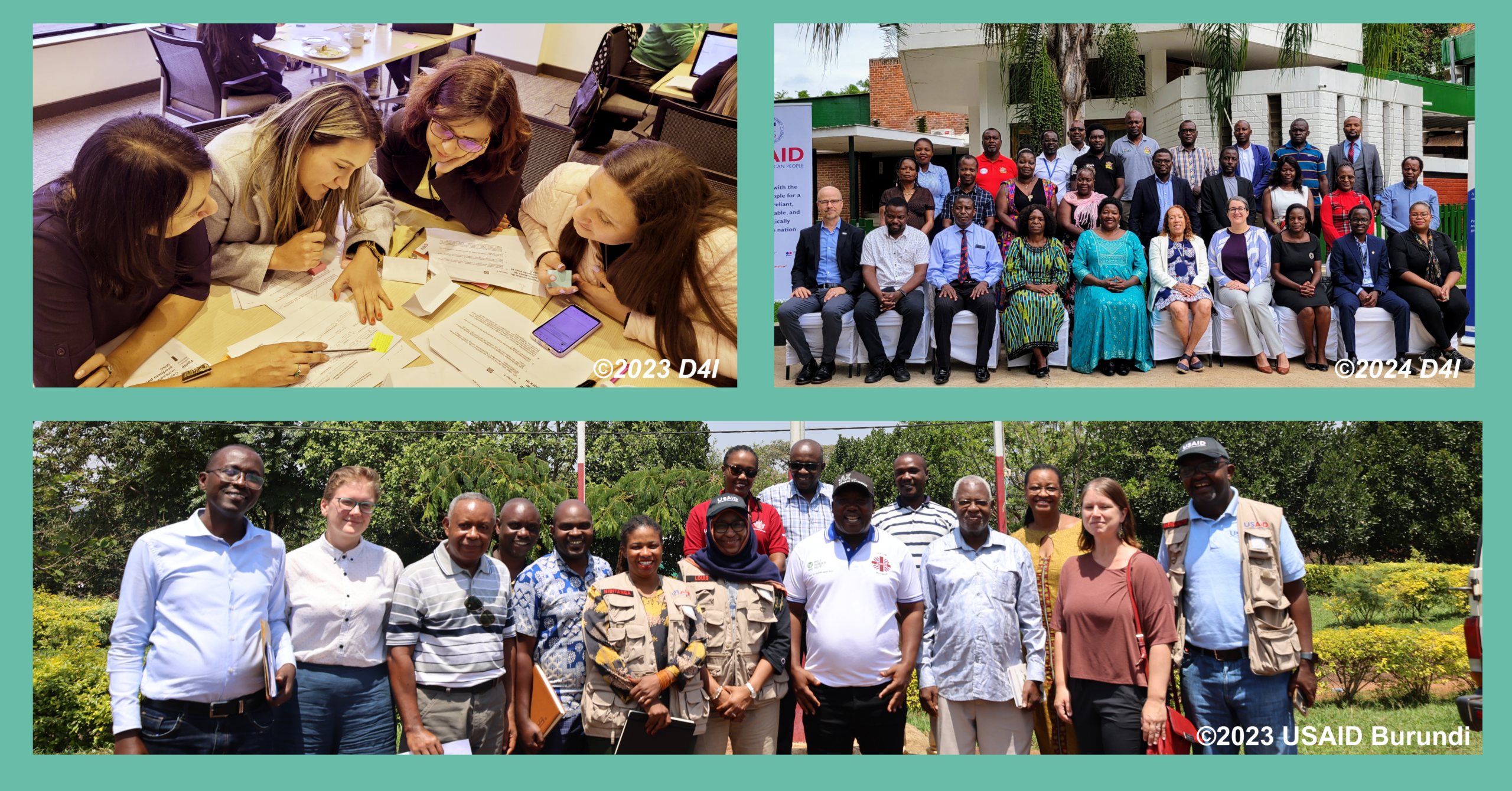 Three photos showing D4I's work in Colombia, Malawi, and Burundi.