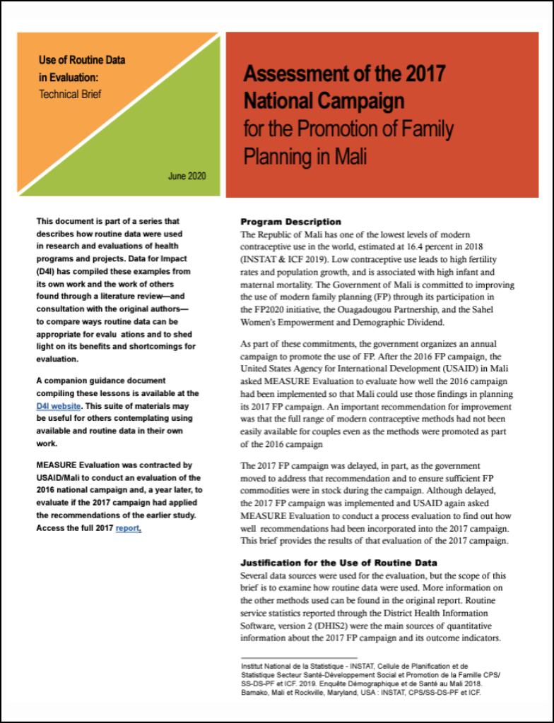 Assessment of the 2017 National Campaign for the Promotion of Family Planning in Mali