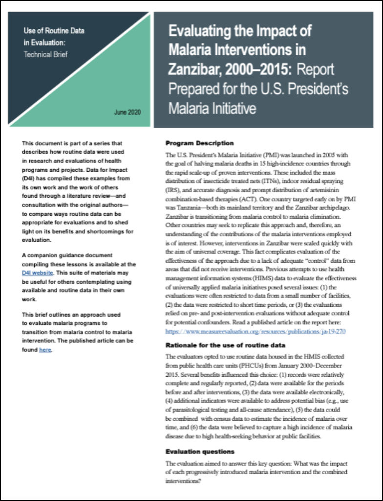 Evaluating the Impact of Malaria Interventions in Zanzibar, 2000–2015: Report Prepared for the U.S. President’s Malaria Initiative