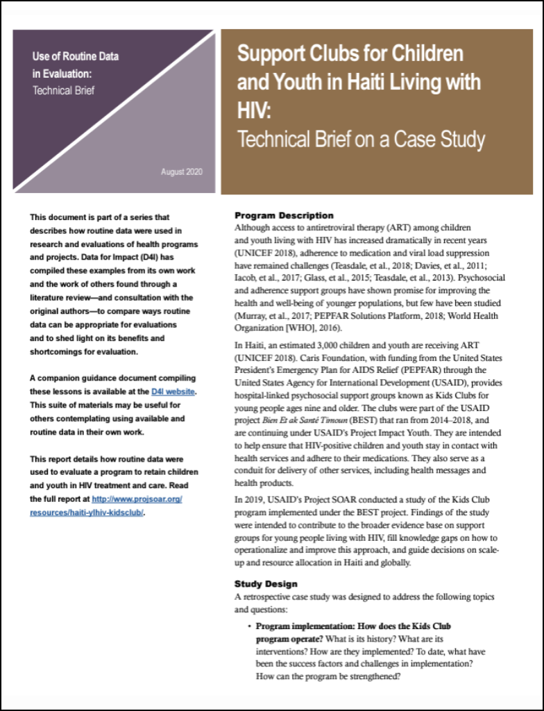 Support Clubs for Children and Youth in Haiti Living with HIV: Technical Brief on a Case Study