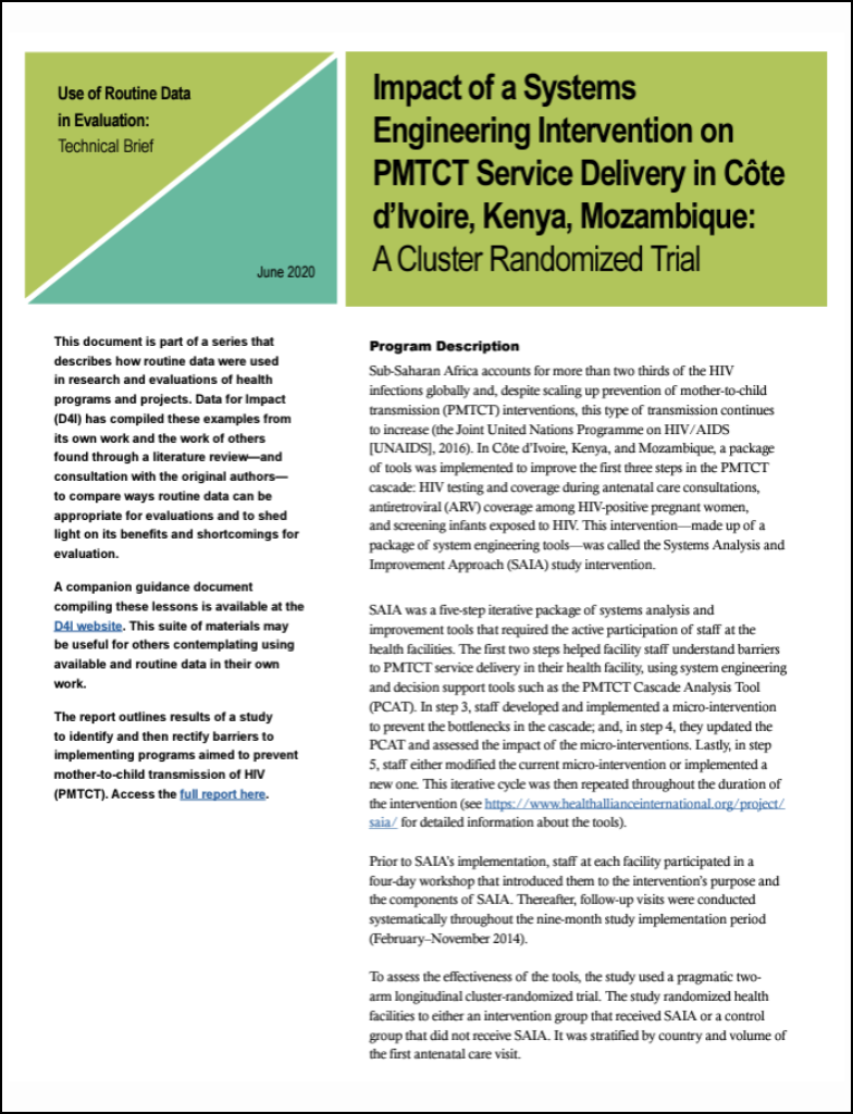 Impact of a Systems Engineering Intervention on PMTCT Service Delivery in Côte d’Ivoire, Kenya, Mozambique: A Cluster Randomized Trial