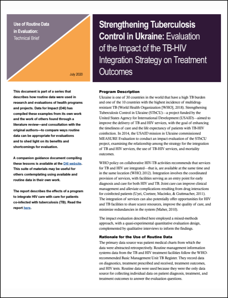 Brief on Strengthening Tuberculosis Control in Ukraine: Evaluation of the Impact of the TB-HIV Integration Strategy on Treatment Outcomes