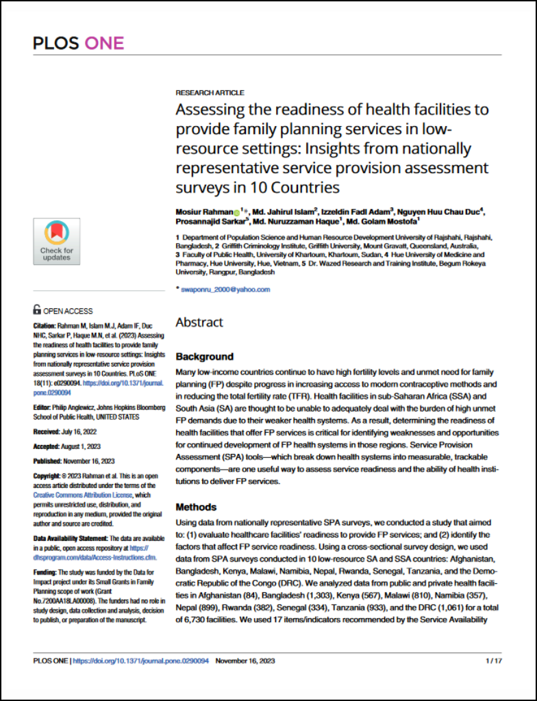 Assessing the readiness of health facilities to provide family planning services in low-resource settings: Insights from nationally representative service provision assessment surveys in 10 Countries