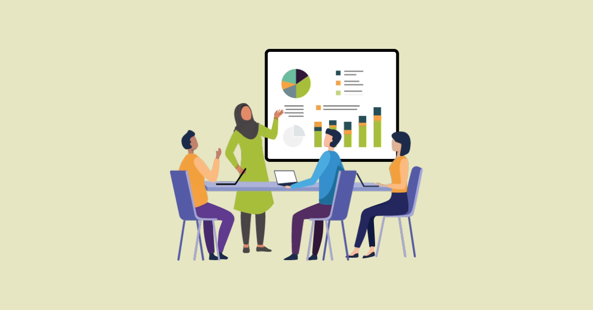 Graphic showing a woman presenting data to a group of three people at a table. 