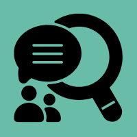 Qualitative data icon showing two people speaking and a magnifying glass. 