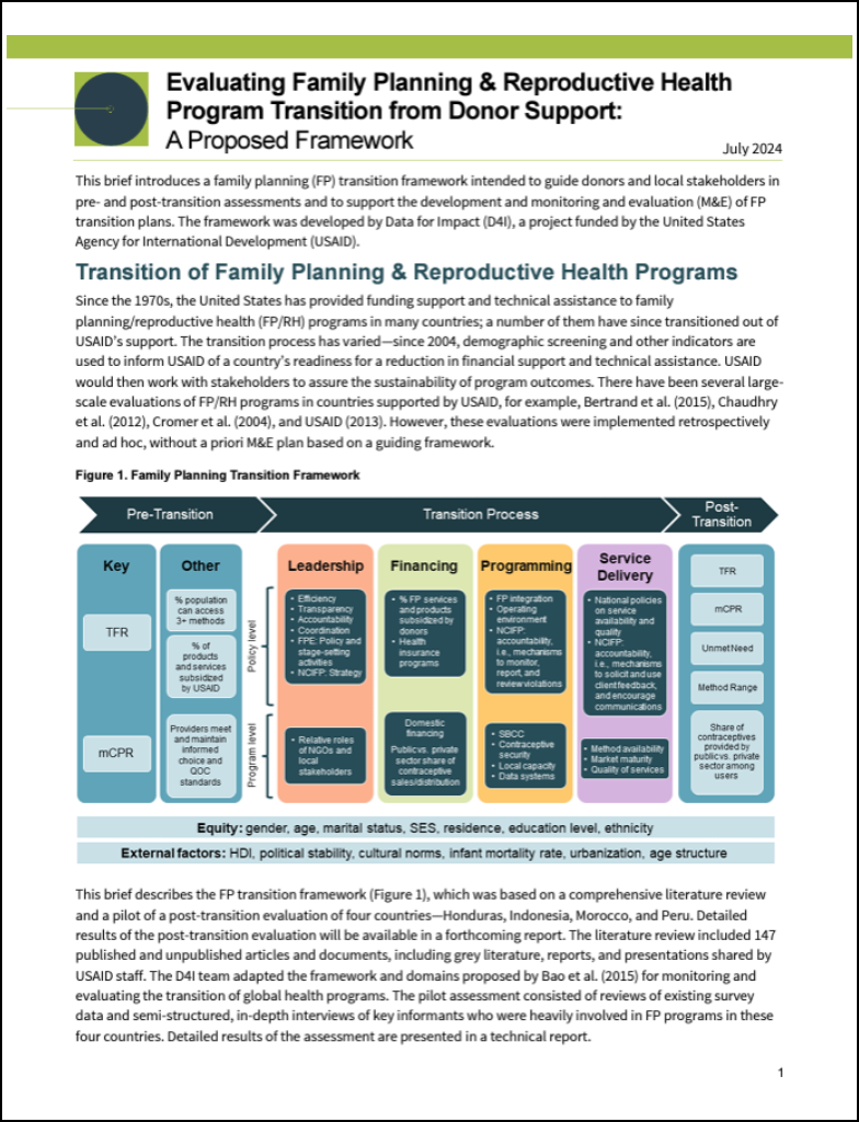 Evaluating Family Planning & Reproductive Health Program Transition from Donor Support: A Proposed Framework Cover