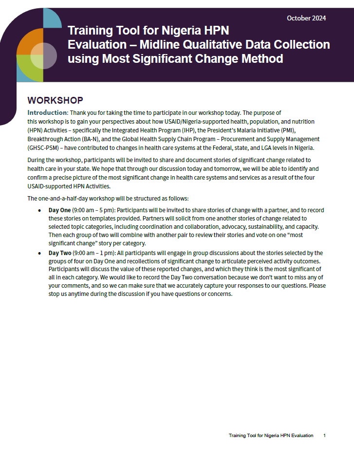 Training Tool for Nigeria HPN Evaluation – Midline Qualitative Data Collection using Most Significant Change Method Cover